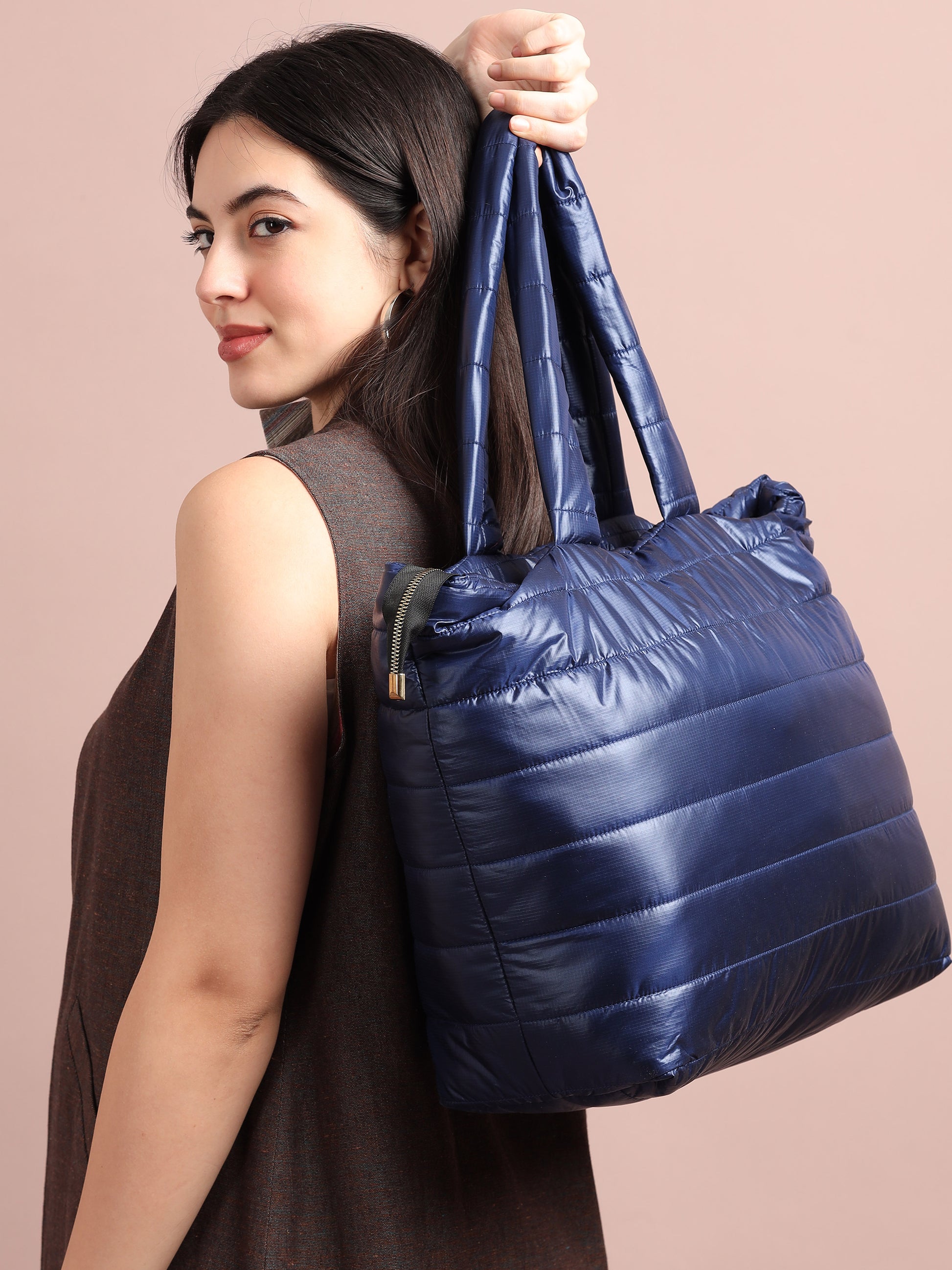 Quilted Stripes Navy Blue Hand Bag 