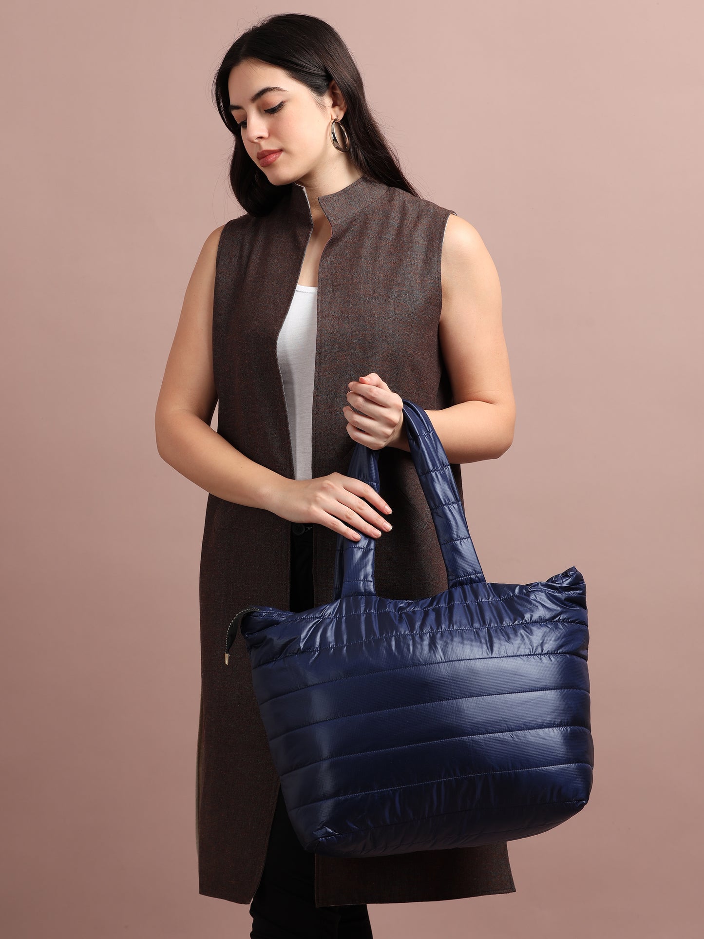 Quilted Stripes Navy Blue Hand Bag 