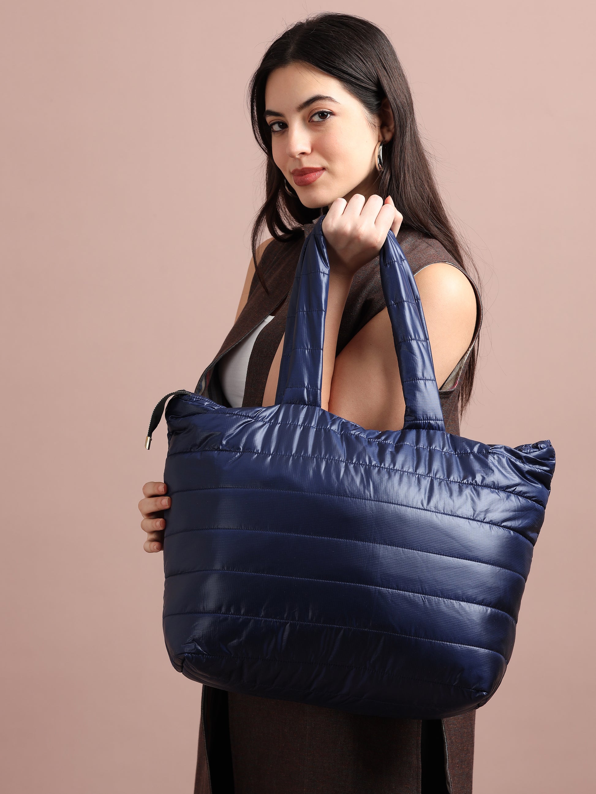 Quilted Stripes Navy Blue Hand Bag 